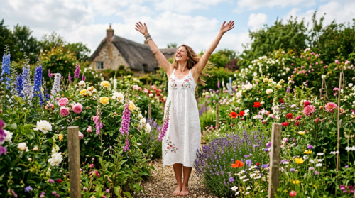 Woman standing barefoot with raised arms in a vibrant flower garden