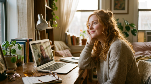 Strawberry-blonde woman at right desk, laptop at left, dreamily video calling